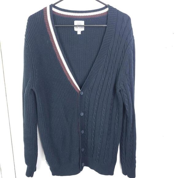Tretorn Sweater Mens M Preppy Cardigan Cableknit Navy Academia Country Club - Picture 1 of 7